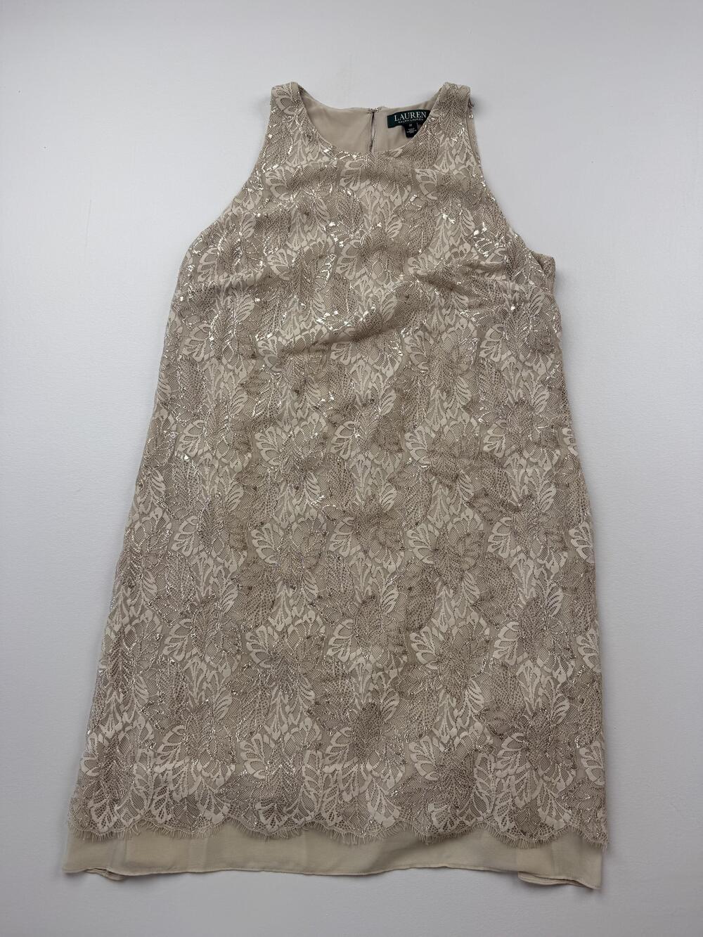 Lauren Ralph Lauren Dress Womens 12 Beige Floral Lace Sequin Shift Knee Length